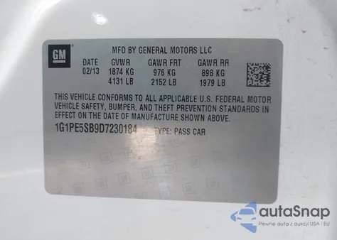 2013 Chevrolet Cruze 2Lt Auto z USA, uszkodzony, nr VIN 1G1PE5SB9D7230184